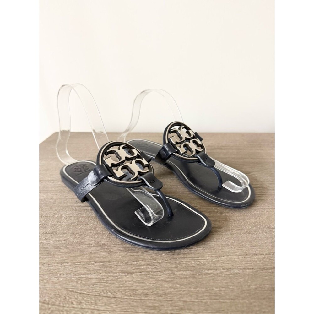 Tory Burch Navy & Silver Miller Logo Thong Sandals Size 6.5 EUC
